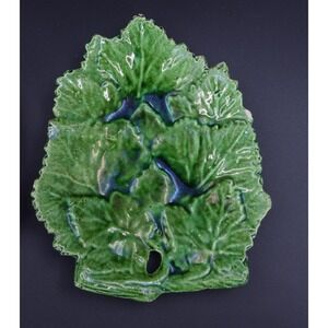 Vintage Made in Portugal Ceramic Leaf Plates Set of 2 Green Majolica Style 7.5"